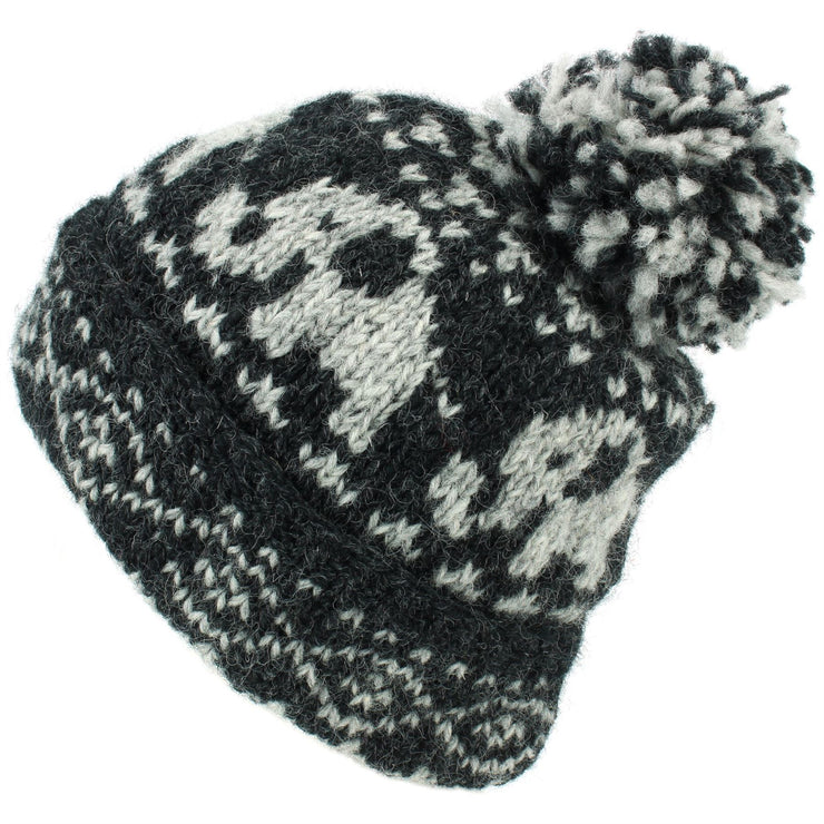Wool Knit Bobble Beanie Hat - Charcoal Pattern