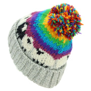 Hand Knitted Wool Beanie Bobble Hat - Sheep - Light Grey Rainbow Stripe