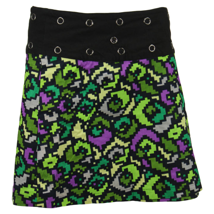 Reversible Short Mini Popper Wrap Skirt with Detachable Pocket - Pixellated Space Flower