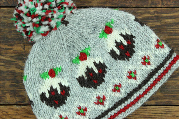 Hand Knitted Wool Beanie Bobble Hat - Christmas Puddings