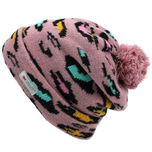 Bonnet imprimé léopard avec pompon de couleur assortie - Rose