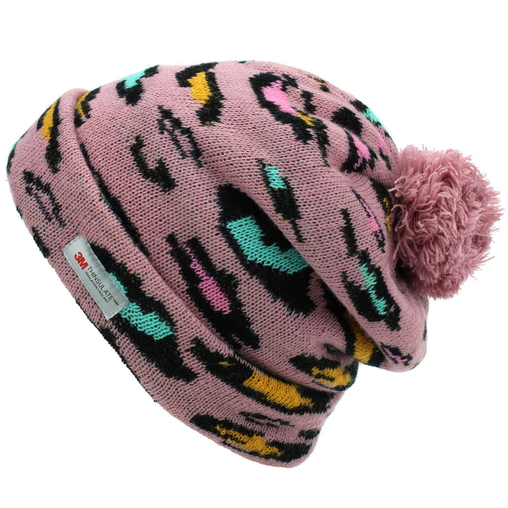 Leopard Print Beanie Hat with Matching Colour Bobble - Pink