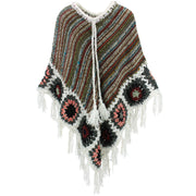 Granny Squares Crochet Poncho Long - Brown Multi/White