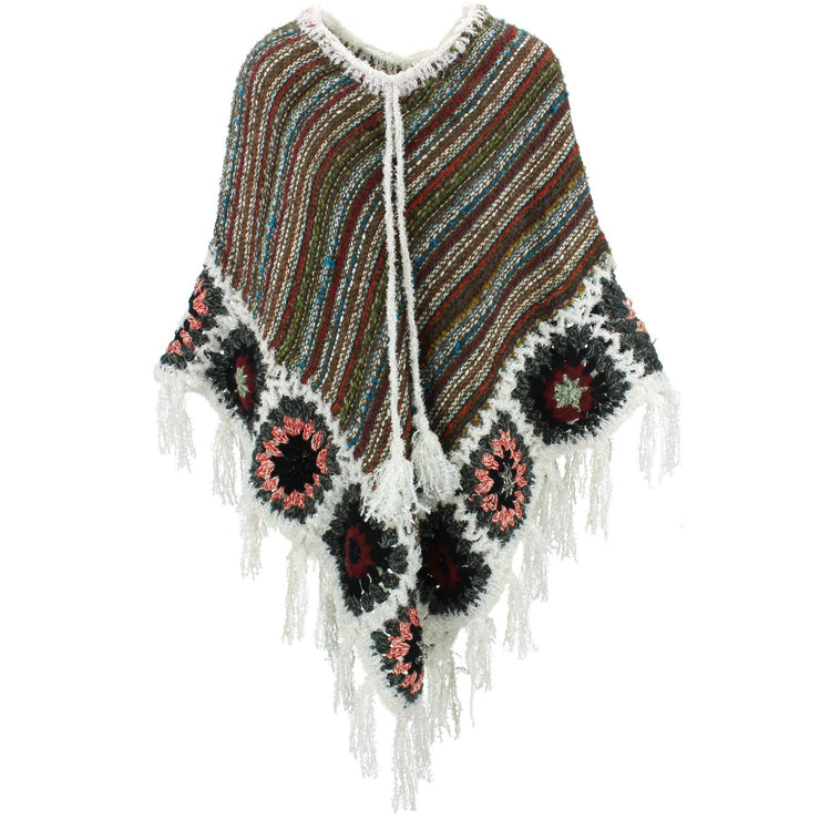 Granny Squares Crochet Poncho Long - Brown Multi/White