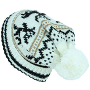 Chunky Slouch Bobble Beanie Hat with Reindeer Pattern - White & Black