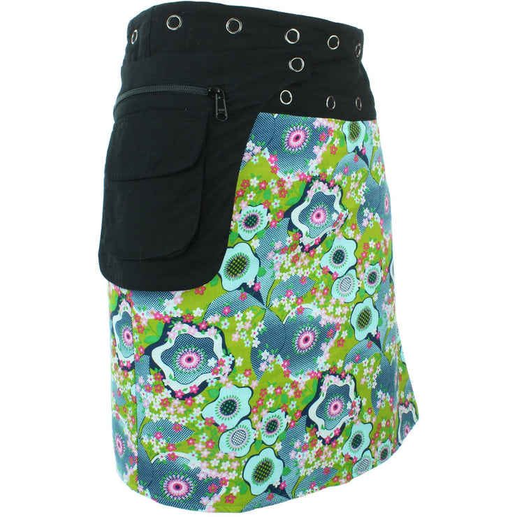 Reversible Popper Wrap Knee Length Skirt - Green Patch Strips / Floral Oyster