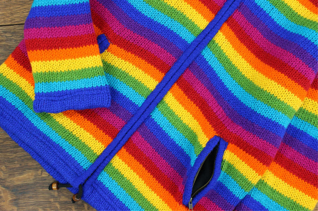 Hand Knitted Wool Hooded Jacket Cardigan - Stripe Bright Rainbow