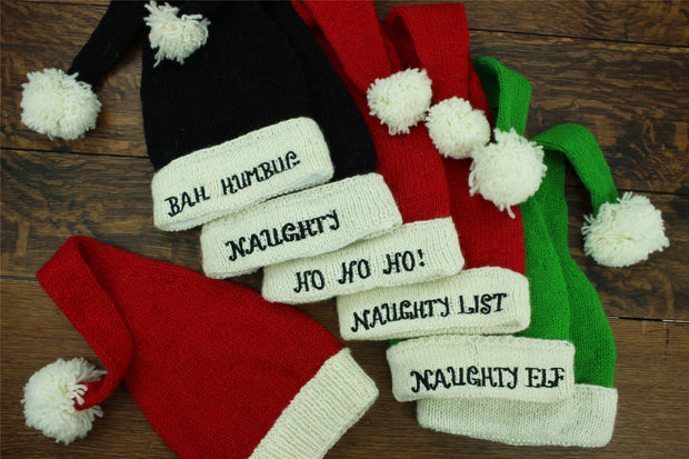 Hand Knitted Wool Christmas Beanie Hat - Naughty List Red