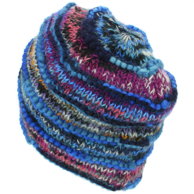 Chunky Ribbed Wool Knit Beanie Hat with Space Dye Design - Electric Blue