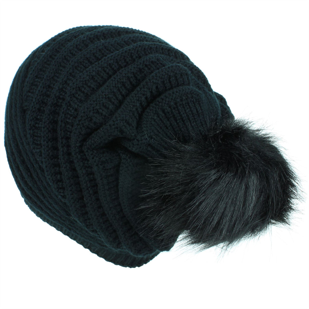 Chunky Ribbed Slouch Beanie Hat with Faux Fur Bobble - Black