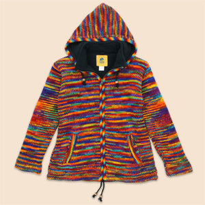 Håndstrikket uld hættejakke cardigan damesnit - SD Rainbow med Rainbow Trim