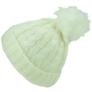 Bonnet tricoté en côtes torsadées avec pompon de couleur assortie - Blanc