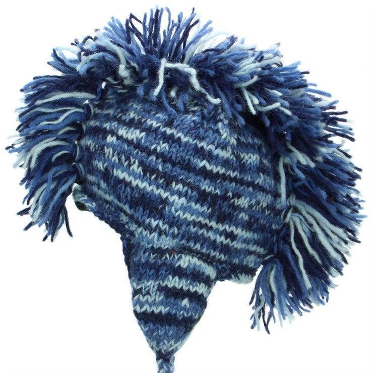 Wool Knit 'Punk' Mohawk Earflap Beanie Hat - Blue Space Dye