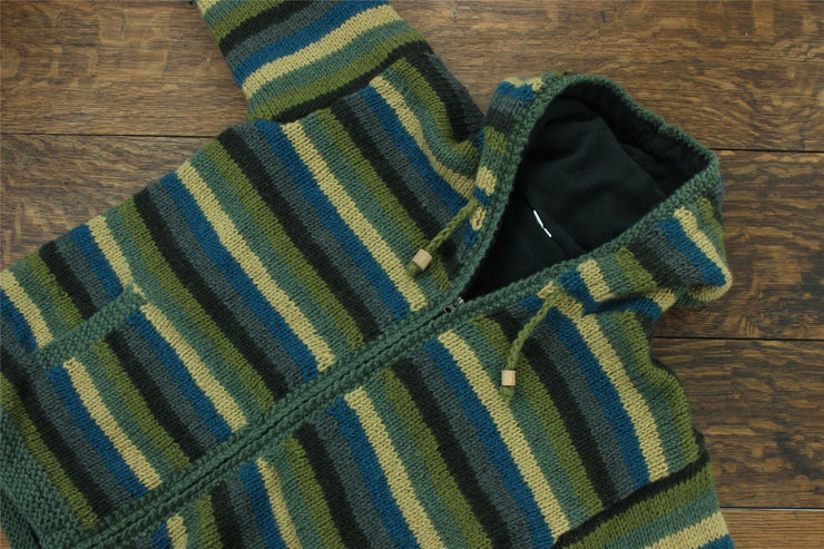 Hand Knitted Wool Hooded Jacket Cardigan - Stripe Green Blue