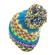 Hand Knitted Wool Beanie Bobble Hat - Chevron Blue