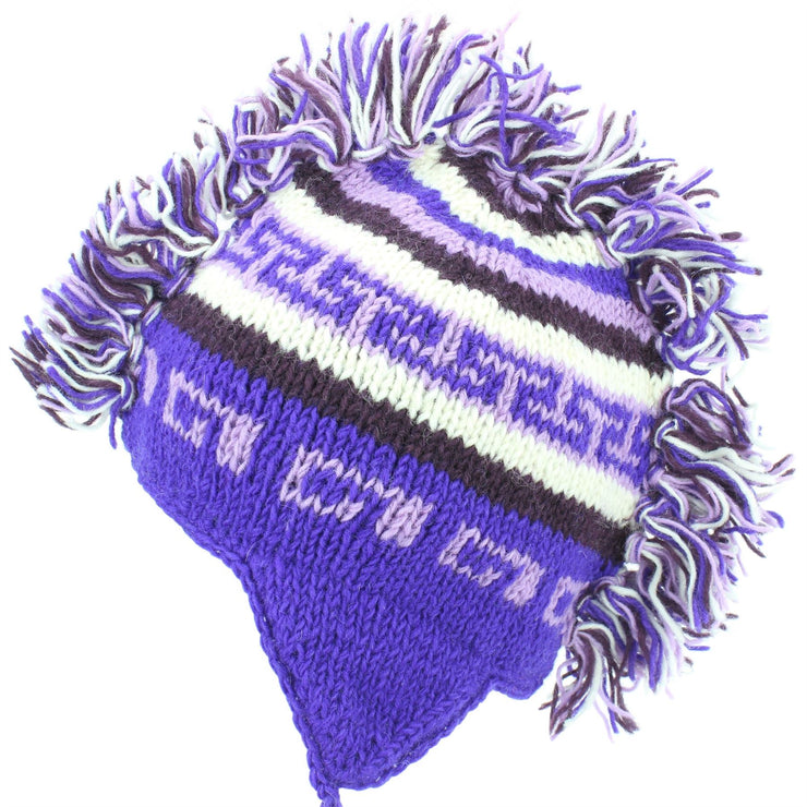 Wool Knit 'Punk' Mohawk Earflap Beanie Hat - Purples (Adult)