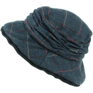 Chapeau cloche à chevrons en laine tweed pour femme - bleu