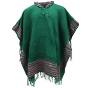 Soft Vegan Wool Hooded Tibet Poncho - Racing Green & Red Grey