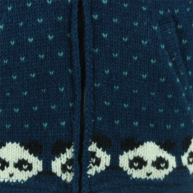 Chunky Wool Knit Animal Hoodie - Panda - Navy