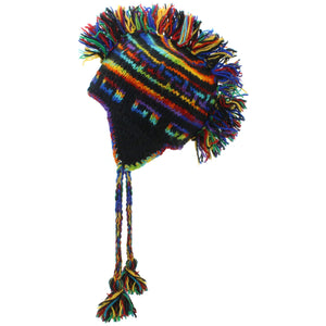 Wollstrickmütze „Punk“ mit Mohawk-Mohawk und Ohrenklappen – Schwarz und Regenbogenfarben
