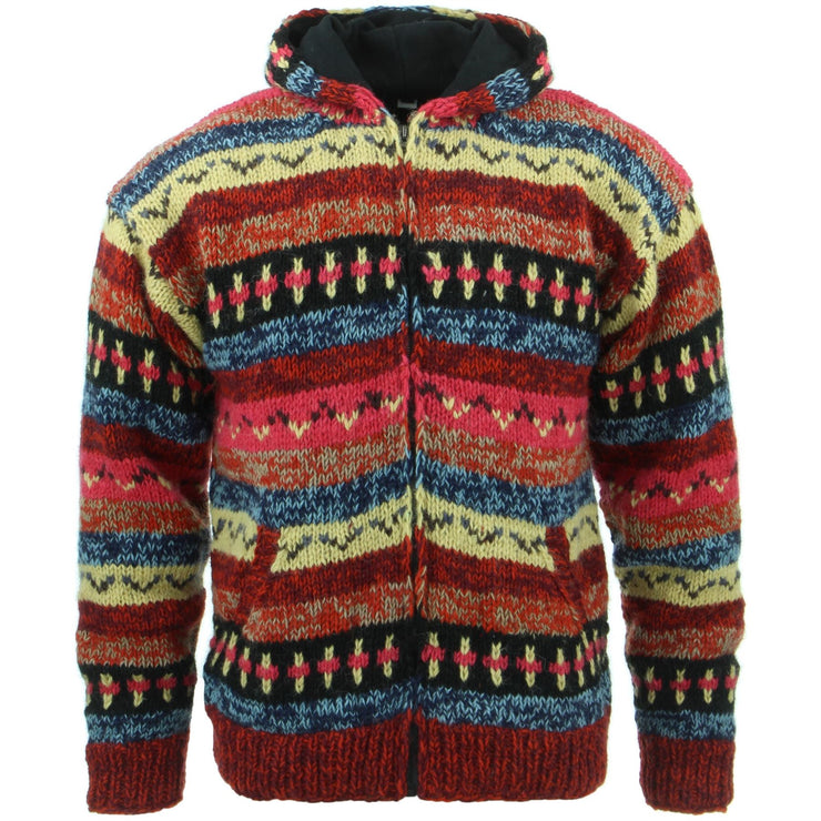 Chunky Wool Knit Abstract Pattern Hooded Cardigan Jacket (Women's Size) - 17 Red