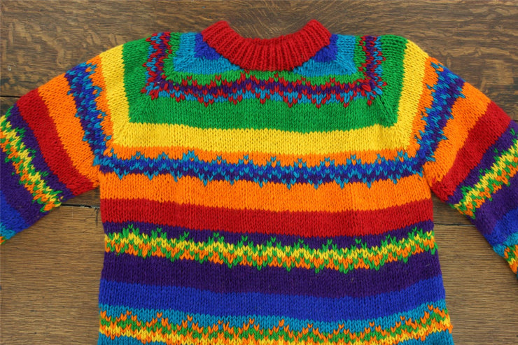 Hand Knitted Wool Jumper - Stripe Rainbow Zig Zag