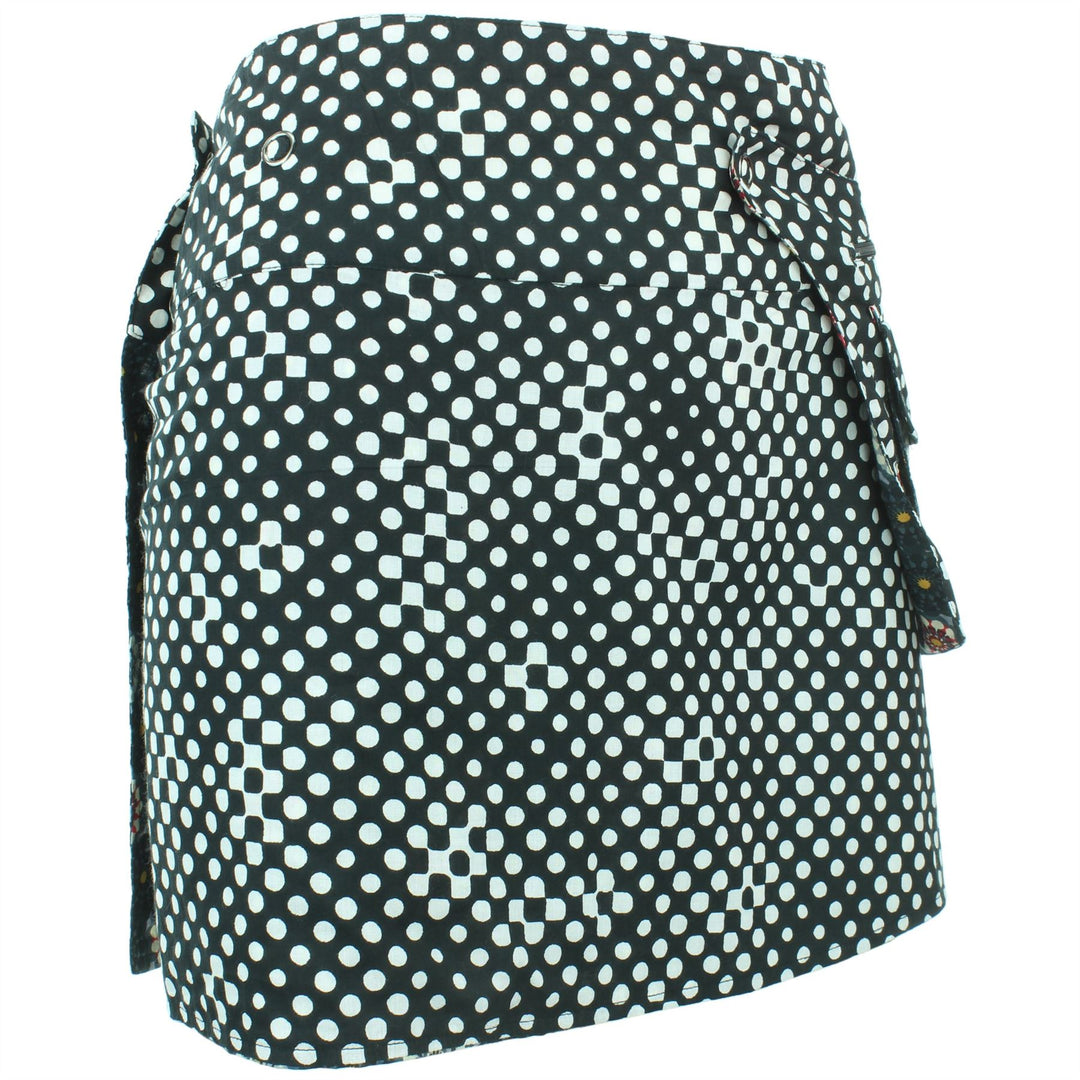 Reversible Popper Wrap Mini Skirt - Kaleidoscope / Mono Dots