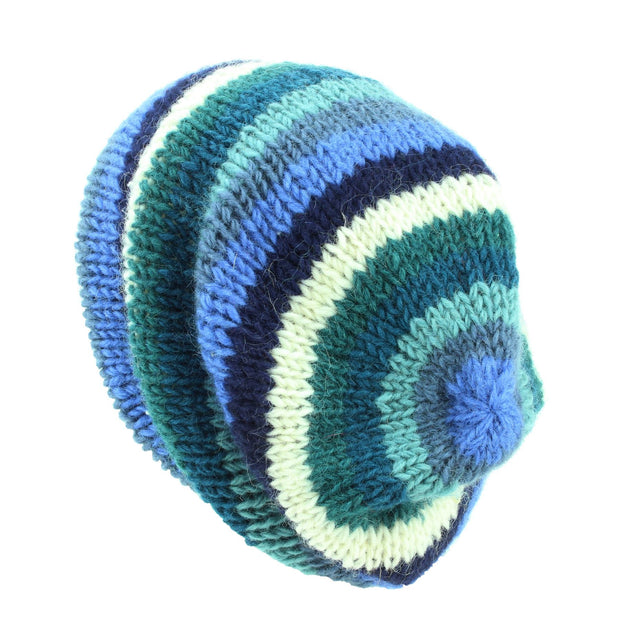 Hand Knitted Baggy Slouch Beanie Hat - Stripe Blue
