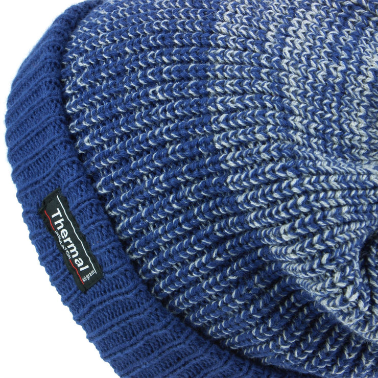 Chunky Knit Marl Bobble Beanie Hat with Turn-up - Blue
