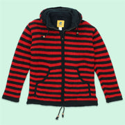 Hand Knitted Wool Hooded Jacket Cardigan - Stripe Red Black