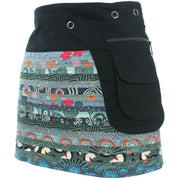 Reversible Popper Wrap Mini Skirt - Grey Patch Strips / Spiral Garden