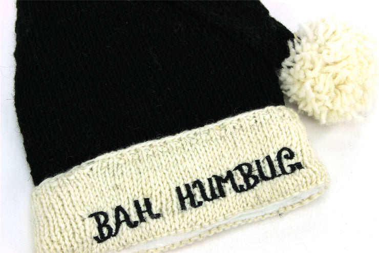 Hand Knitted Wool Christmas Beanie Hat - Bah Humbug