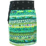 Reversible Popper Wrap Knee Length Skirt - Green Patch Strips / Floral Oyster