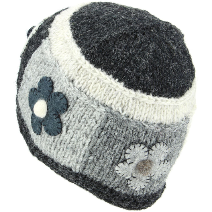 Ladies Wool Knit Beanie Hat with Flower Patch Design - Charcoal