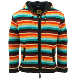 Cardigan veste à capuche en laine tricotée à la main - rayure rétro d