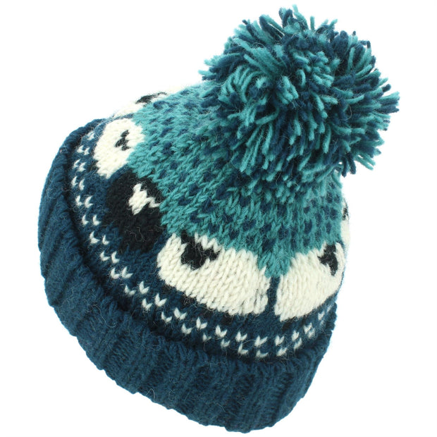 Wool Knit Bobble Beanie Hat - Sheep - Teal Green