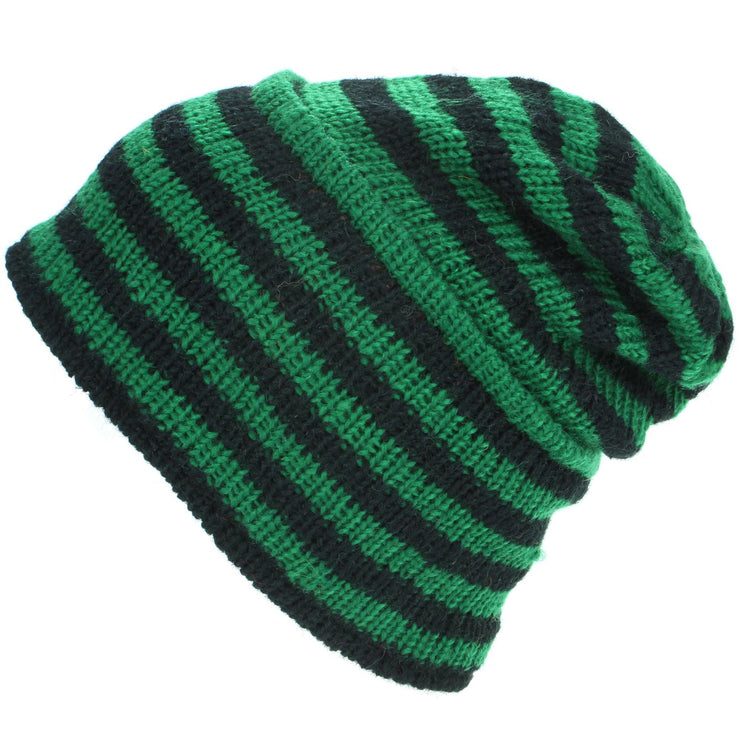Wool Knit Ridge Beanie Hat with Fleece Lining - Green & Black