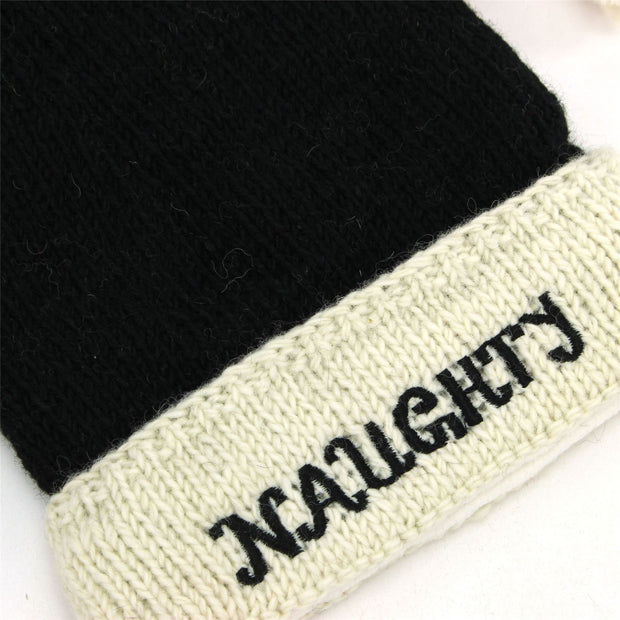 Hand Knitted Wool Christmas Beanie Hat - Naughty Black