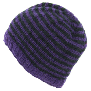 Bonnet en laine tricoté à la main - rayure violet noir