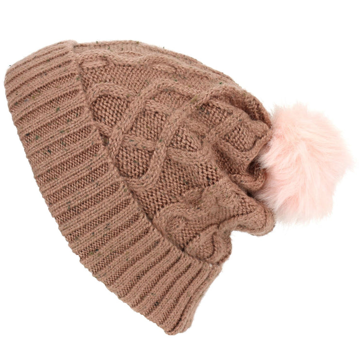 Ribbed Cable Knit Bobble Beanie Hat - Brown