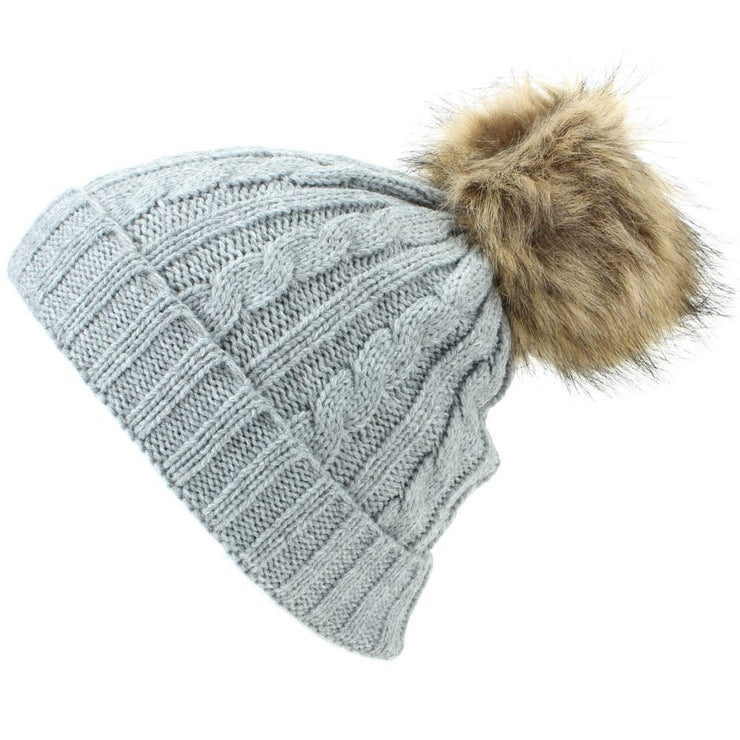 Childrens Cable Knit Beanie Hat with Faux Fur Bobble and Turn-up - Grey