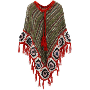 Poncho long au crochet Granny squares - noir multi/rouge