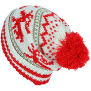 Chunky Slouch Bobble Beanie Hat with Reindeer Pattern - White & Red