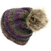 Fleece Lined Beanie Hat with Faux Fur Bobble - Purple