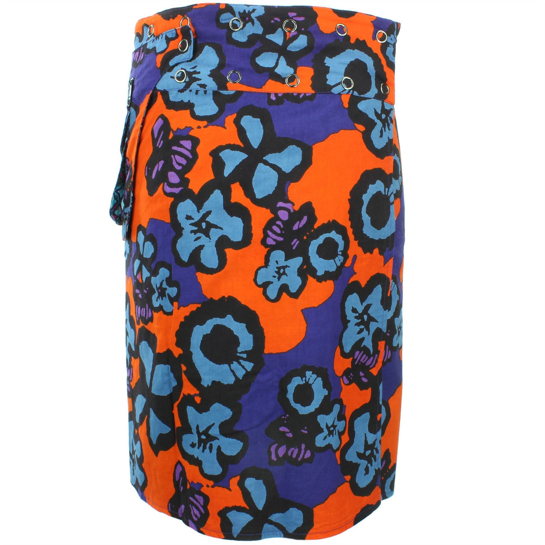 Reversible Popper Wrap Knee Length Skirt - Diamond Block / Ikat Floral