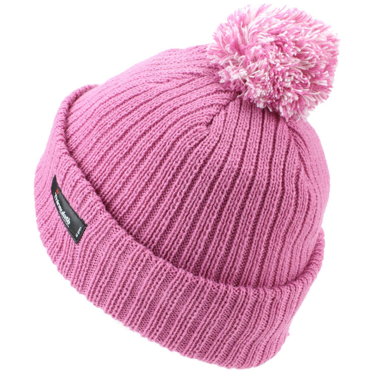 Childrens Beanie Hat with Turn-up and 2-Tone Bobble - Pink