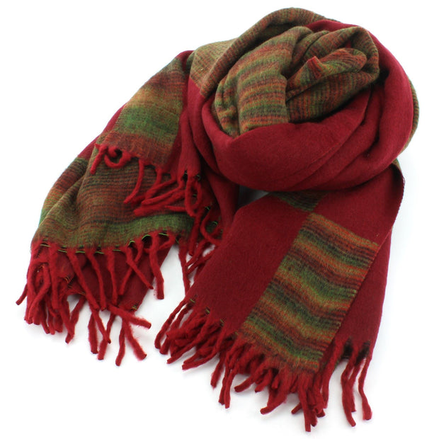 Tibetan Wool Blend Shawl Blanket - Red with Green & Red Reverse