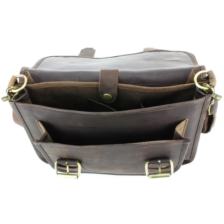 Real Leather Two Compartment Satchel - Dark Brown