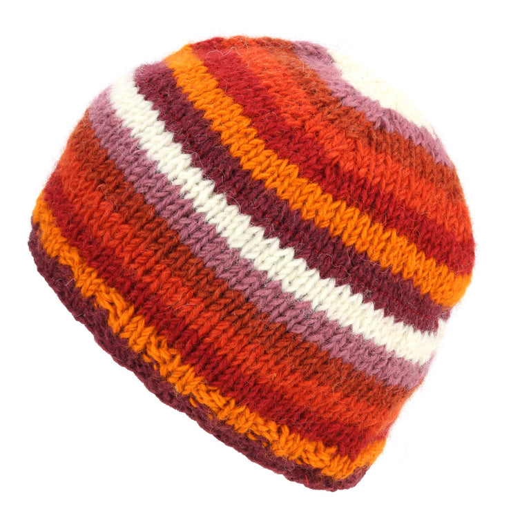 Wool Knit Beanie Hat - Stripe Rust