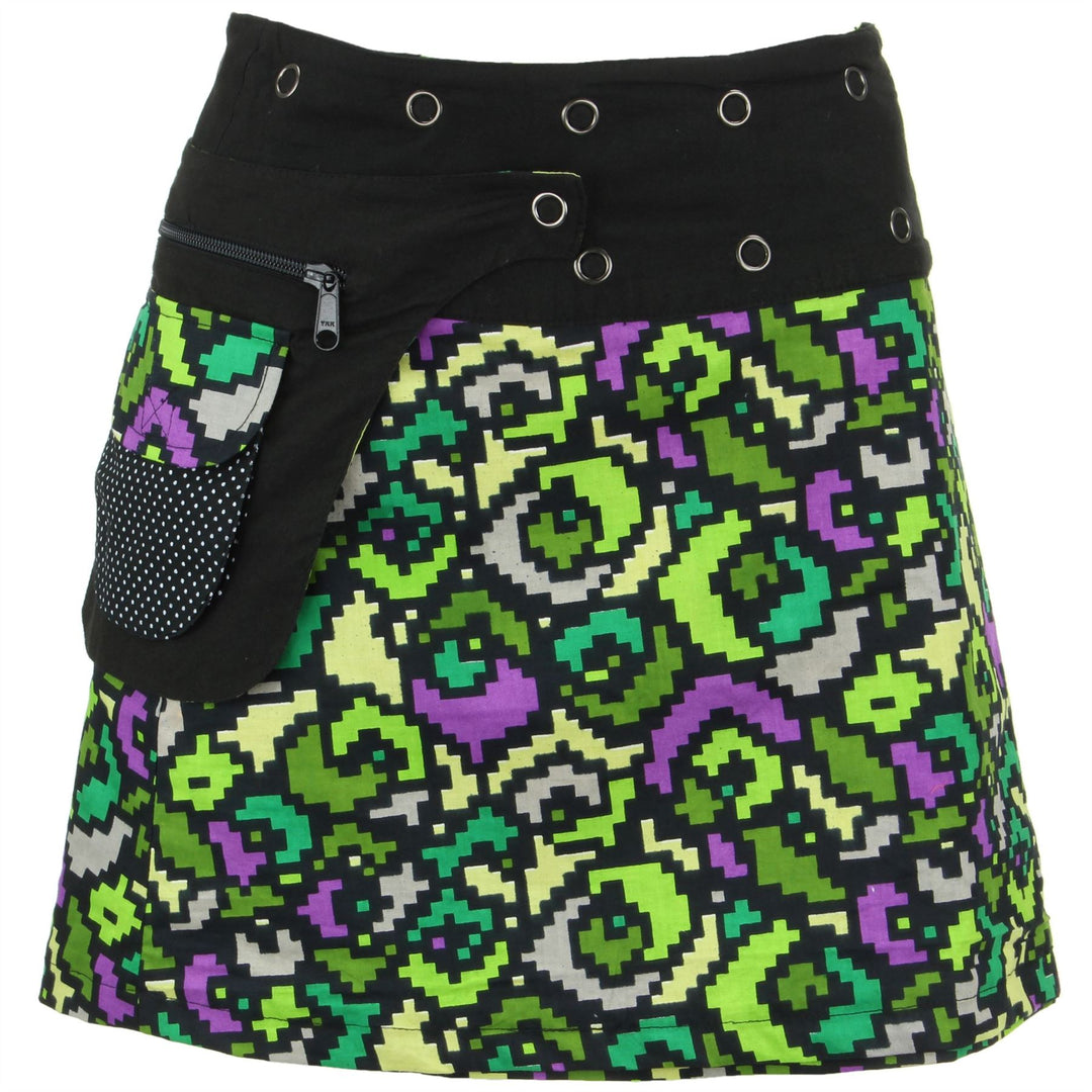 Reversible Short Mini Popper Wrap Skirt with Detachable Pocket - Pixellated Space Flower